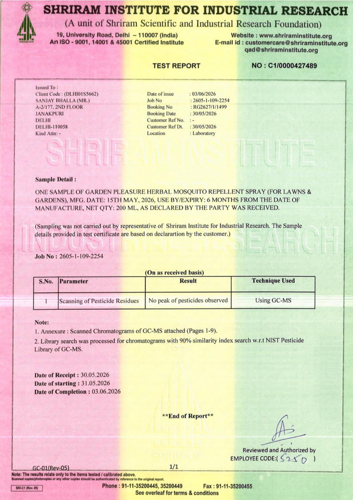 Shriram Institute for Industrial Research — Test Report No. C1/0000427489